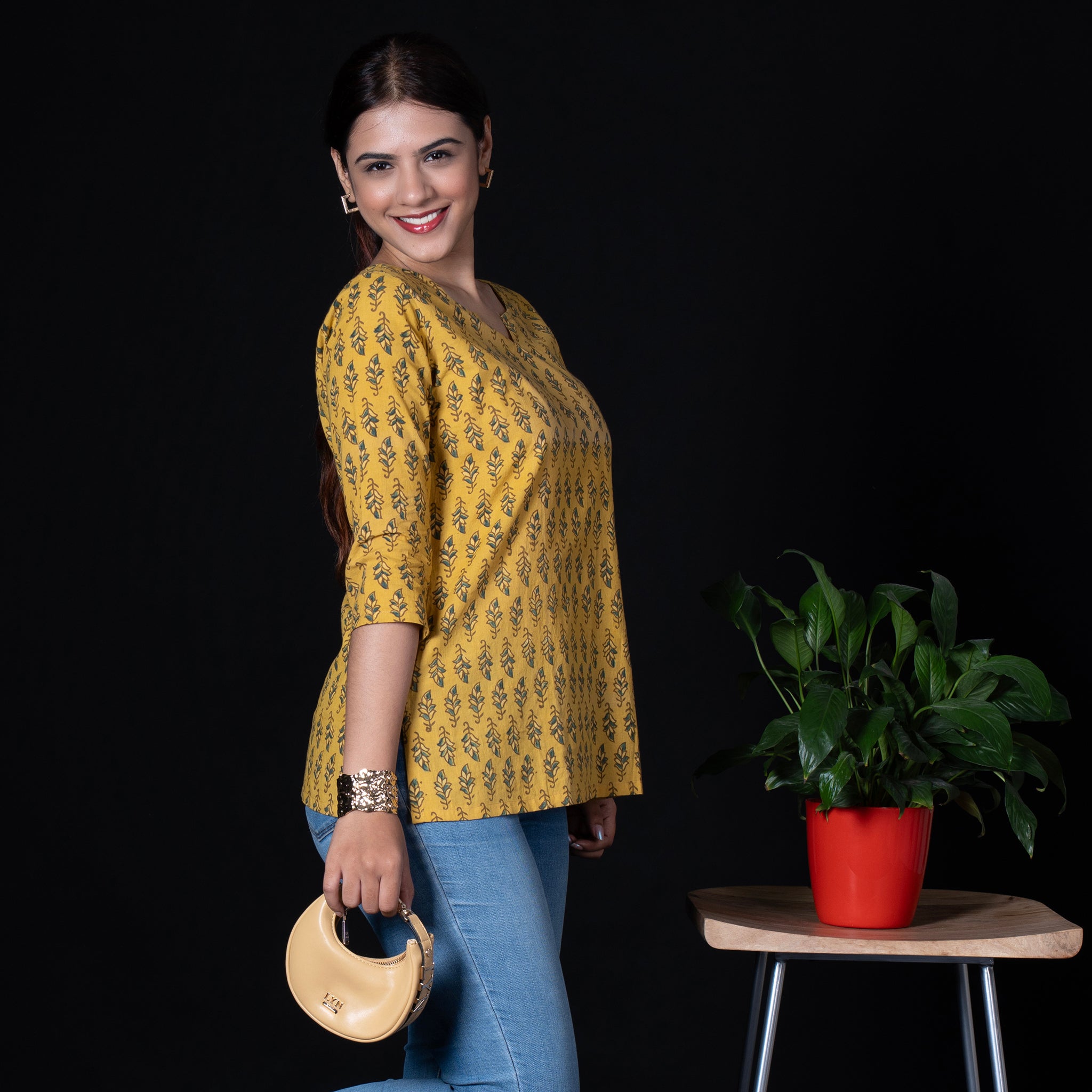 Ajrakh Cotton Short Kurta - Mustard