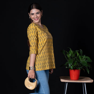 Ajrakh Cotton Short Kurta - Mustard