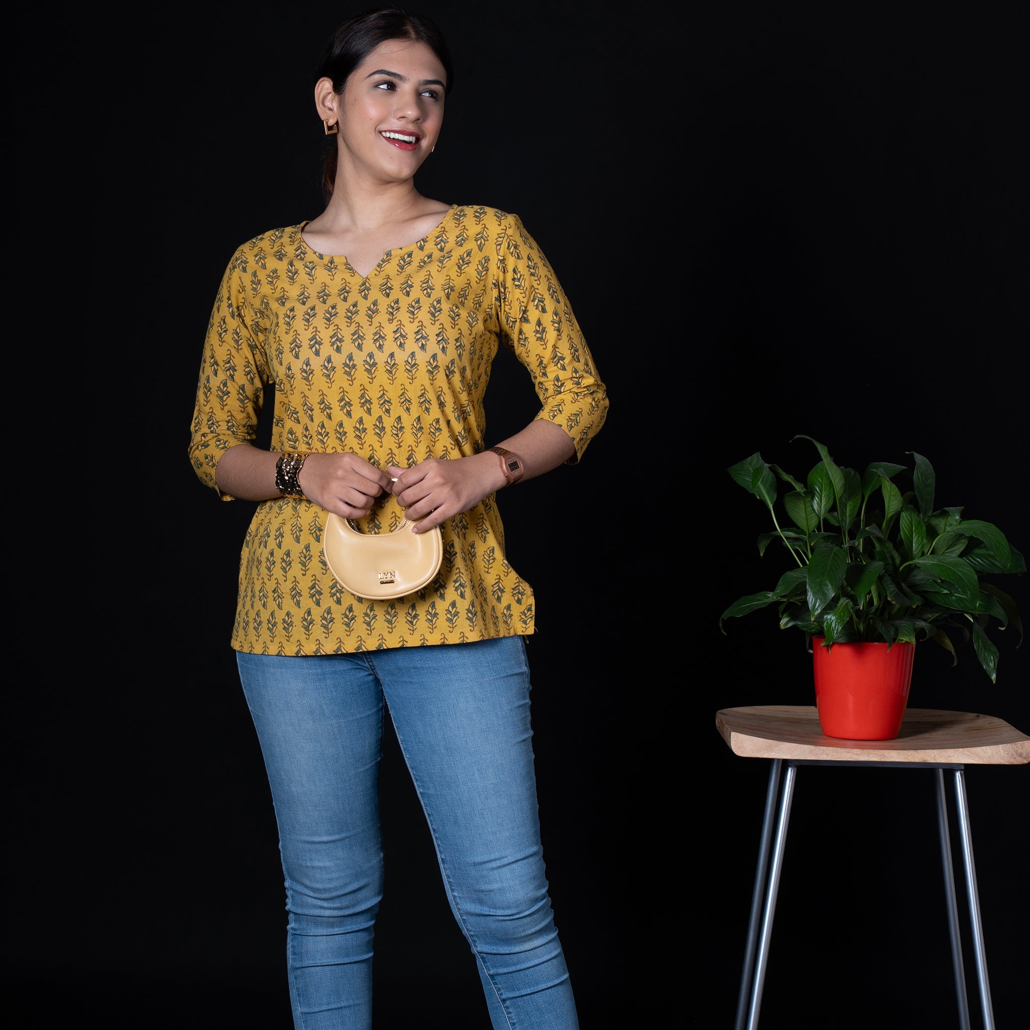 Ajrakh Cotton Short Kurta - Mustard