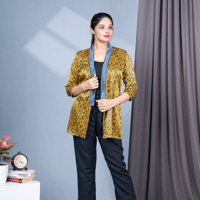 Ajrakh Mashru Silk Blazer Shrug - Yellow