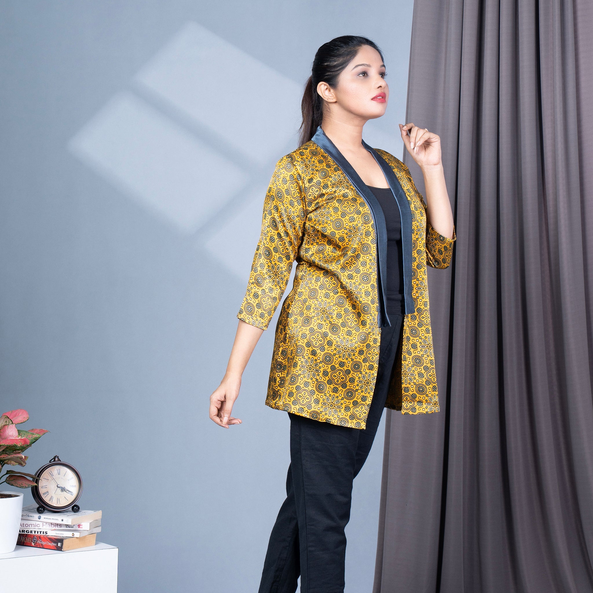 Ajrakh Mashru Silk Blazer Shrug - Yellow