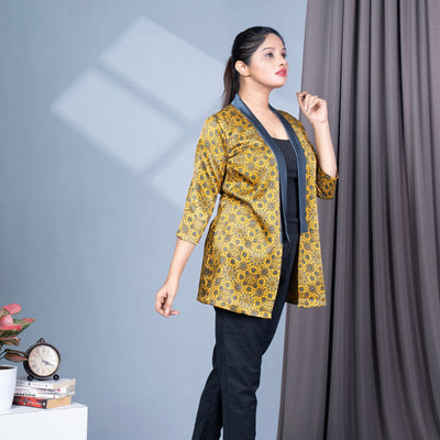 Ajrakh Mashru Silk Blazer Shrug - Yellow