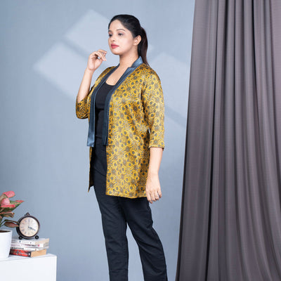 Ajrakh Mashru Silk Blazer Shrug - Yellow