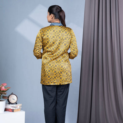 Ajrakh Mashru Silk Blazer Shrug - Yellow