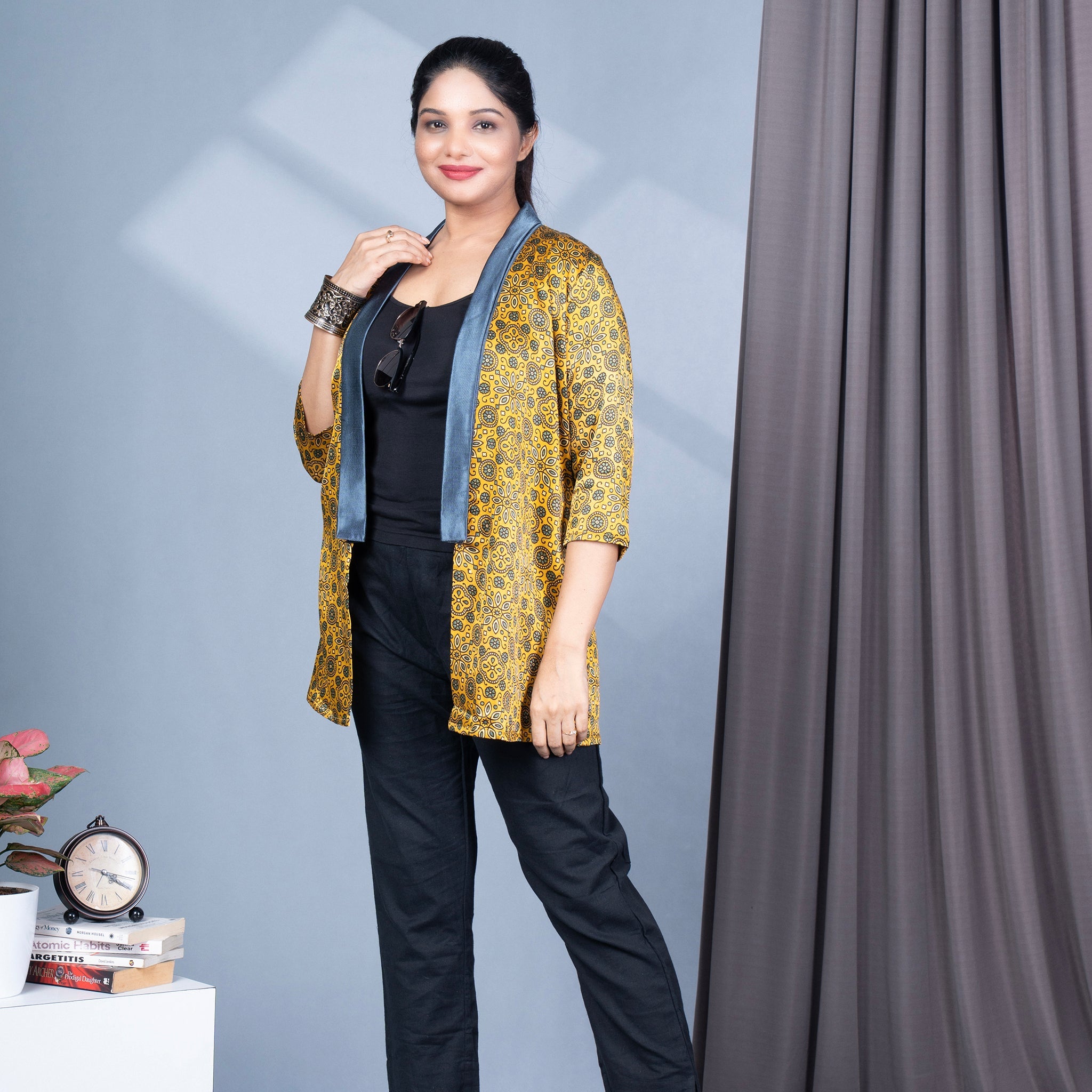 Ajrakh Mashru Silk Blazer Shrug - Yellow