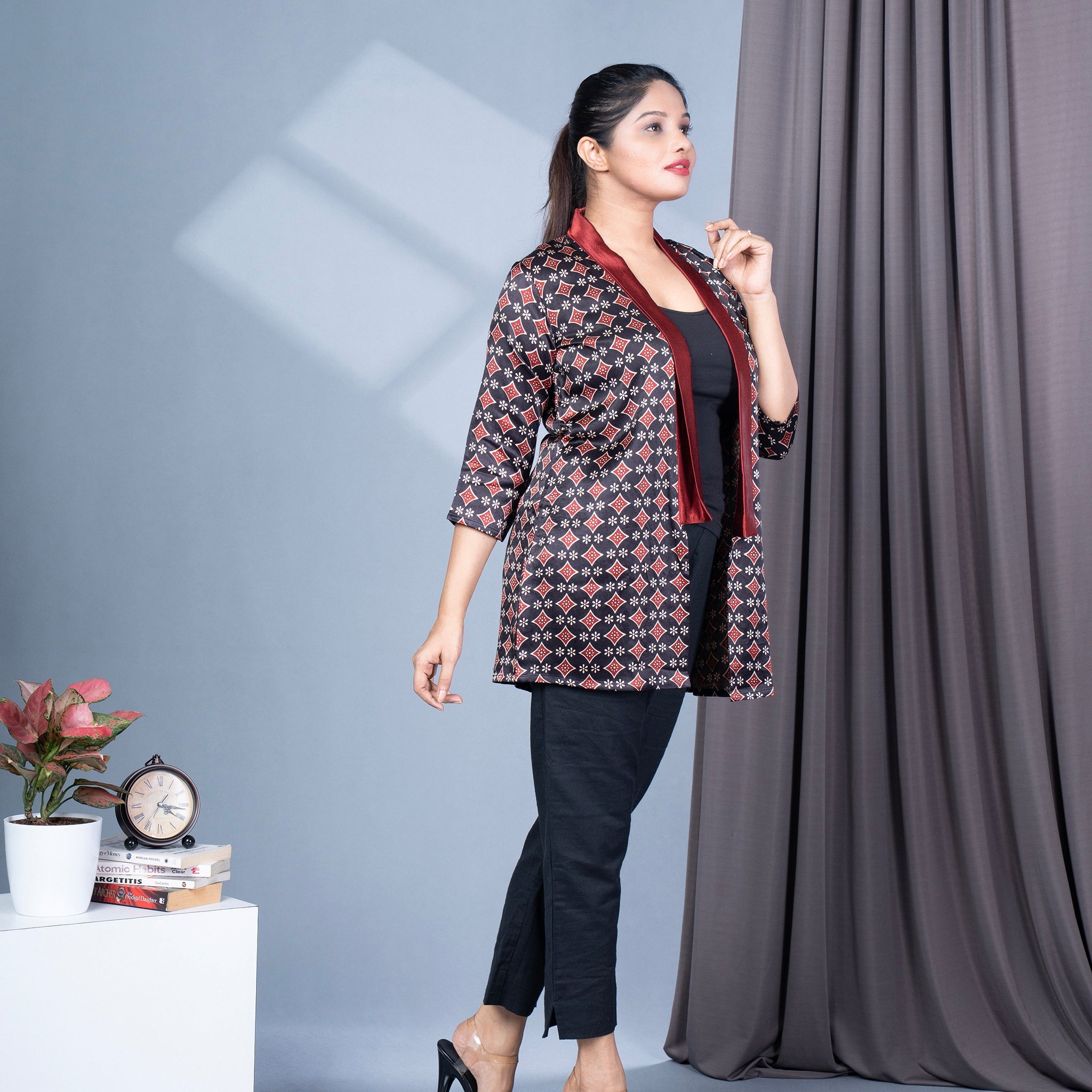 Ajrakh Mashru Silk Blazer Shrug - Black