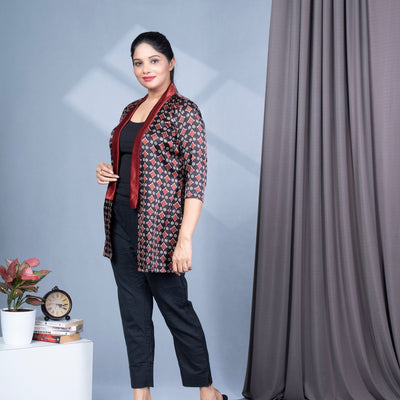 Ajrakh Mashru Silk Blazer Shrug - Black