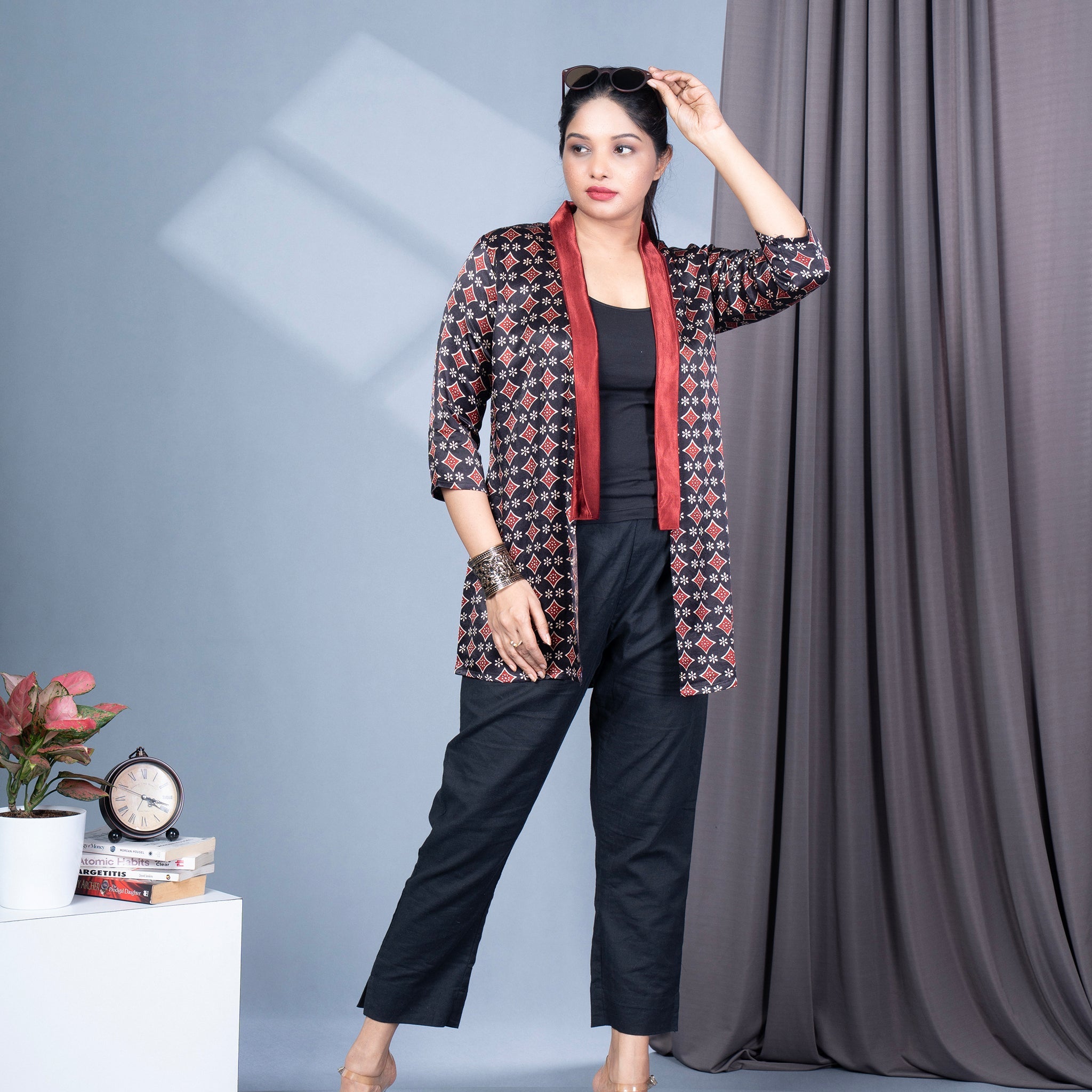 Ajrakh Mashru Silk Blazer Shrug - Black