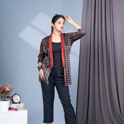 Ajrakh Mashru Silk Blazer Shrug - Black