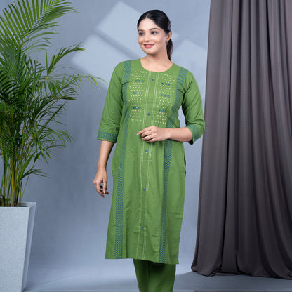Pure Cotton Block Print Kurta Pant Dupatta Set With Mirror Work