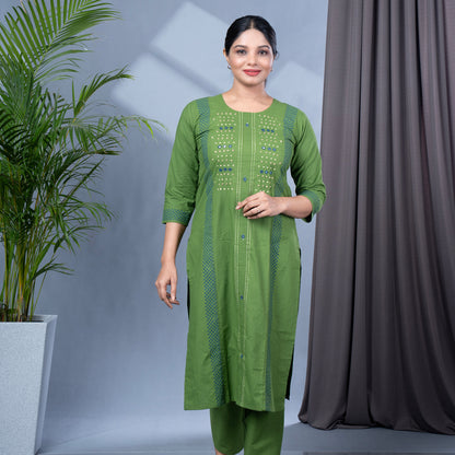 Pure Cotton Block Print Kurta Pant Dupatta Set With Mirror Work