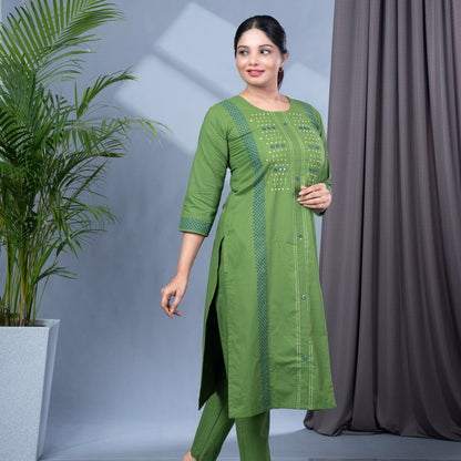 Pure Cotton Block Print Kurta Pant Dupatta Set With Mirror Work