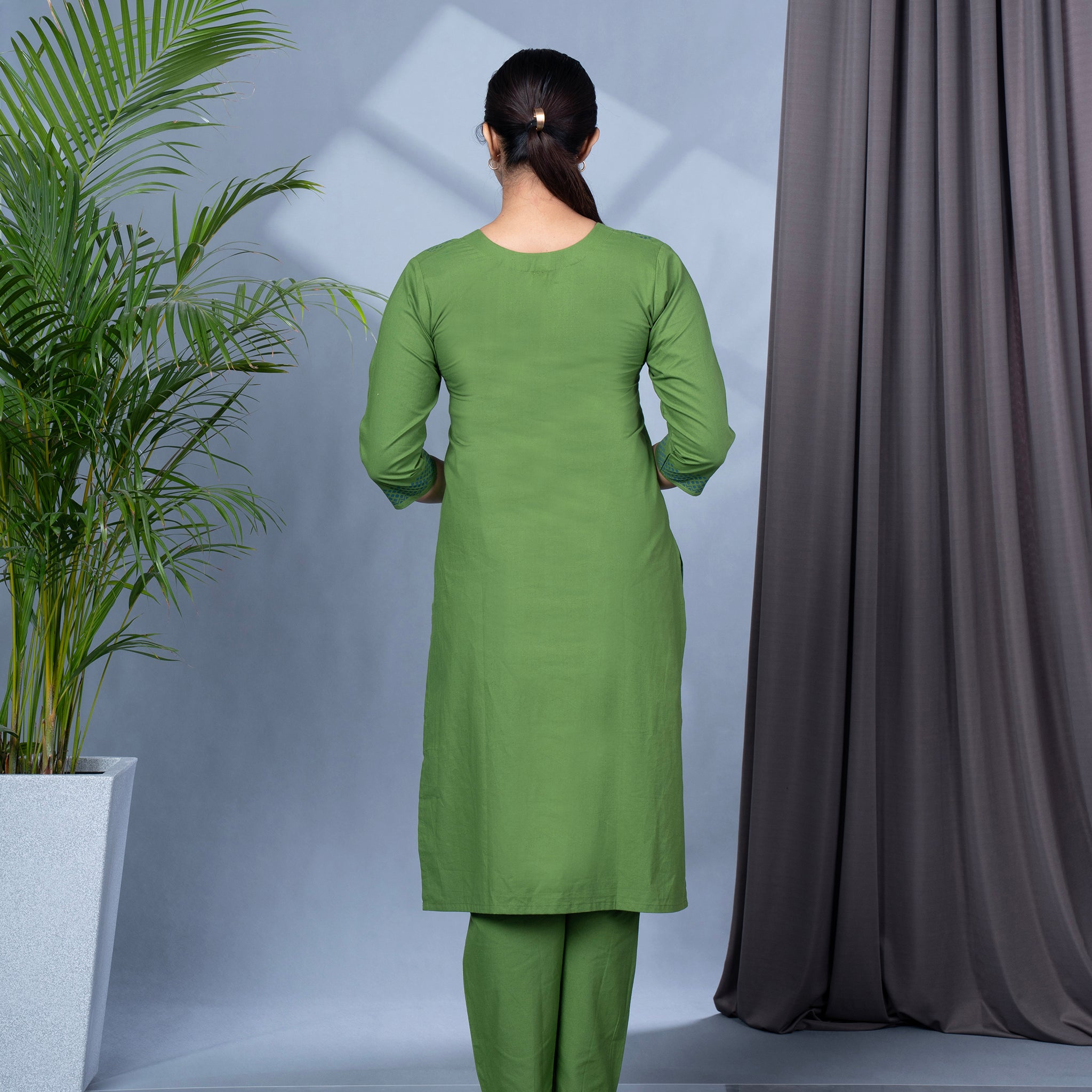 Pure Cotton Block Print Kurta Pant Dupatta Set With Mirror Work