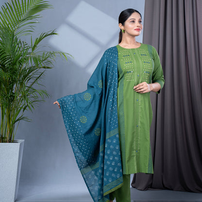 Pure Cotton Block Print Kurta Pant Dupatta Set With Mirror Work
