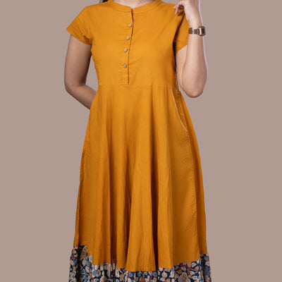 Women's Mustard Solid Cotton Dress With Kalamkari Frill