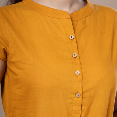Women's Mustard Solid Cotton Dress With Kalamkari Frill