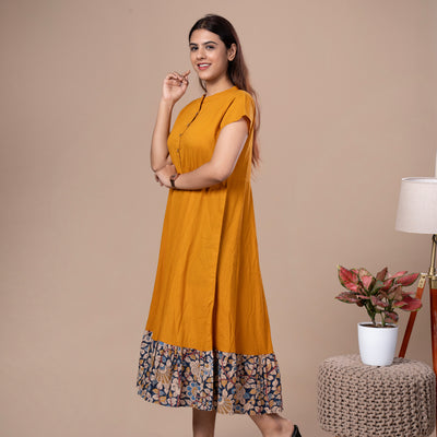 Women's Mustard Solid Cotton Dress With Kalamkari Frill