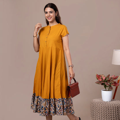 Women's Mustard Solid Cotton Dress With Kalamkari Frill