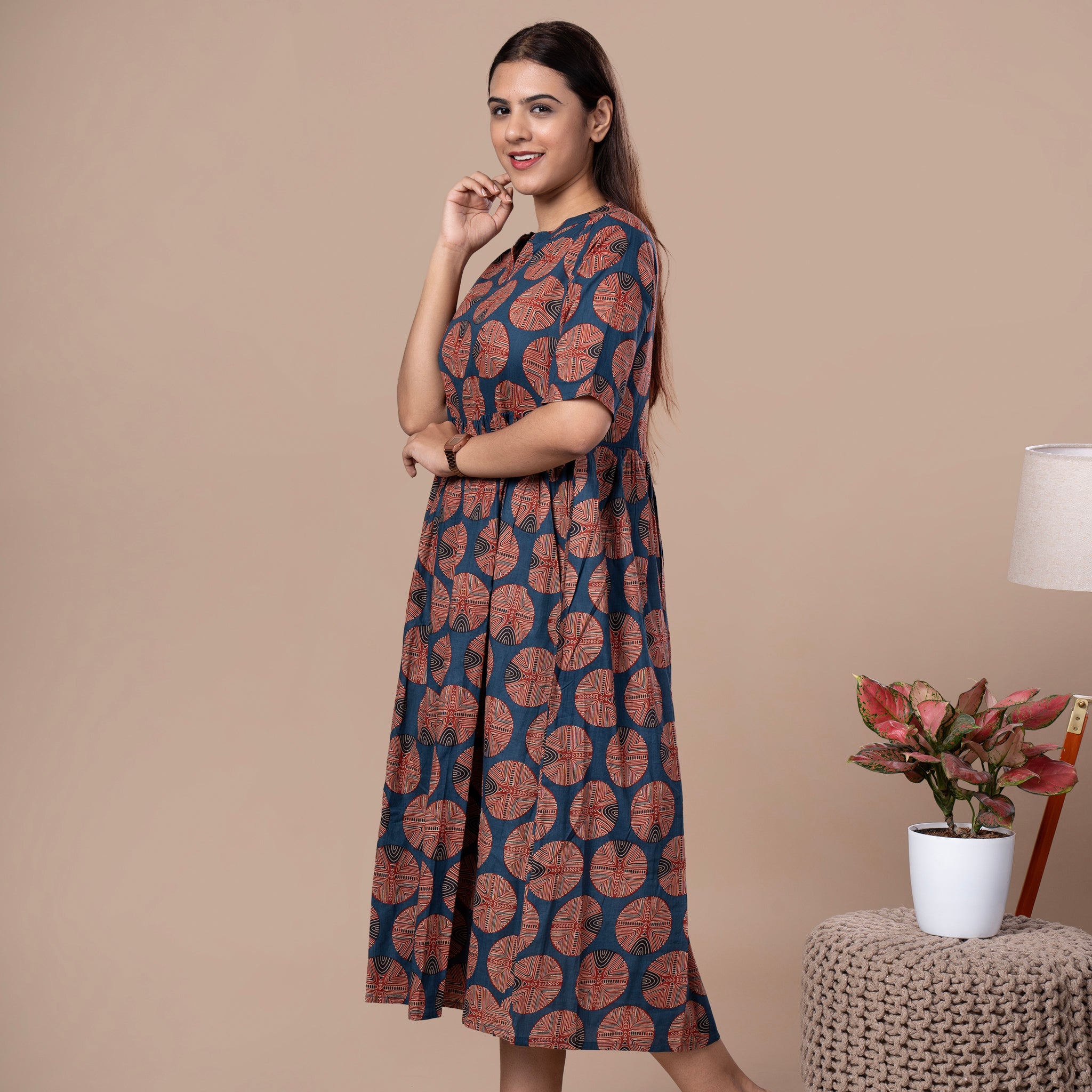 Ajrakh Print Cotton One Piece Midi Dress