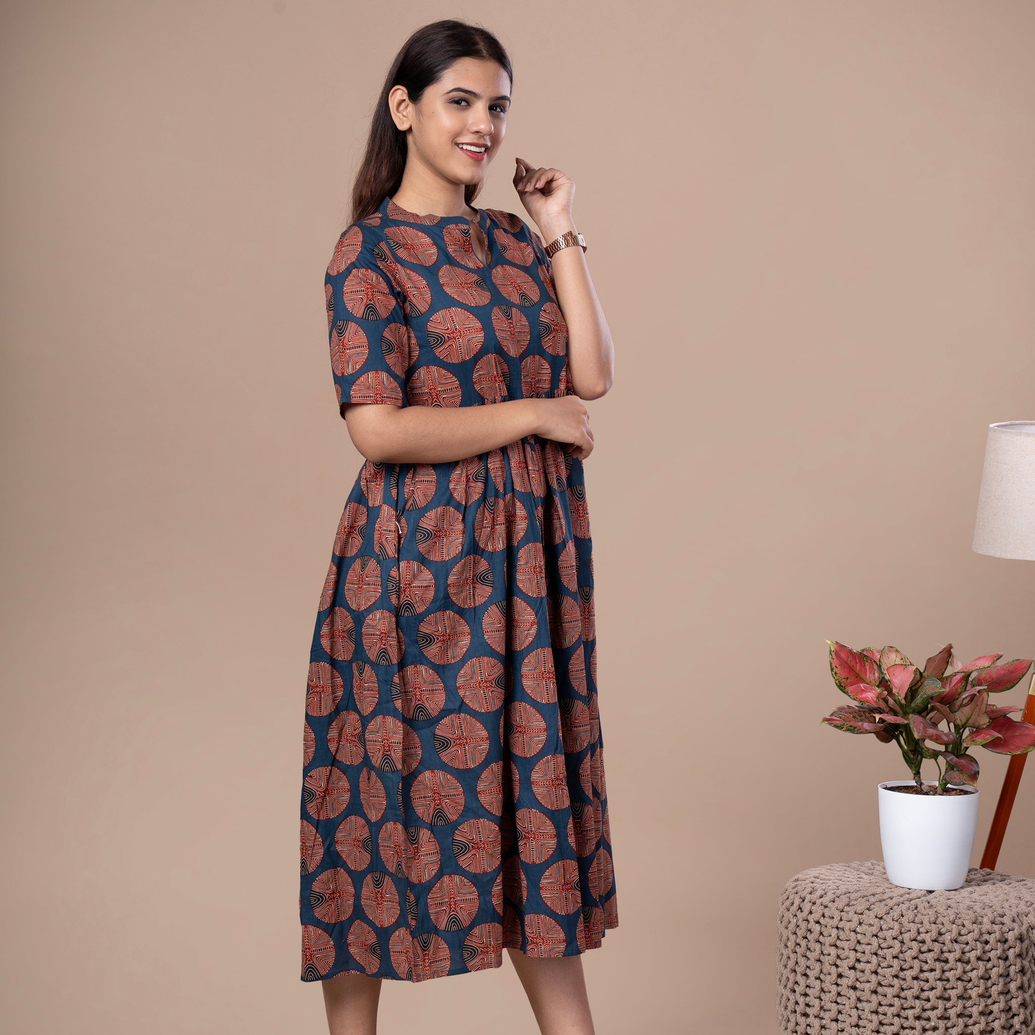 Ajrakh Print Cotton One Piece Midi Dress