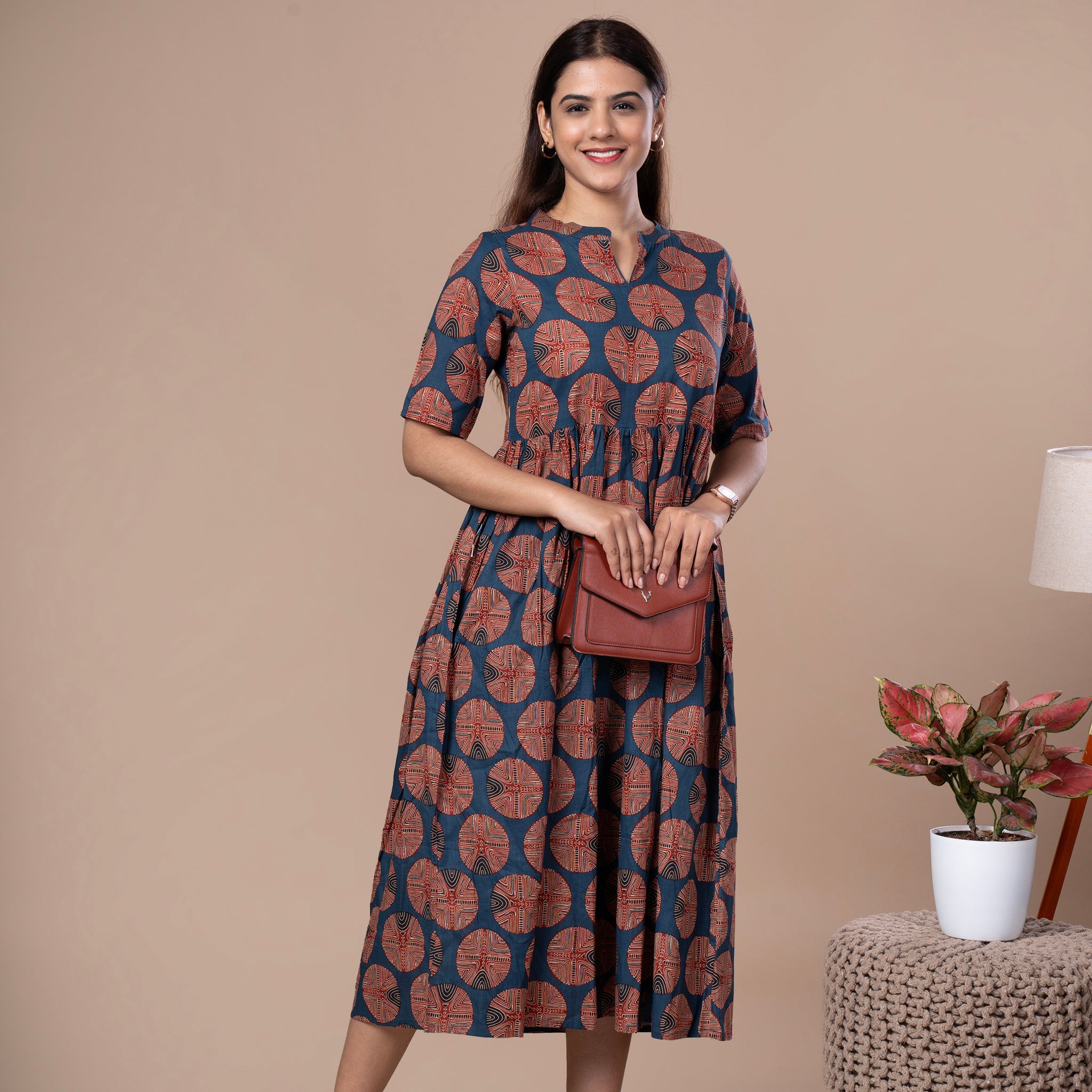 Ajrakh Print Cotton One Piece Midi Dress