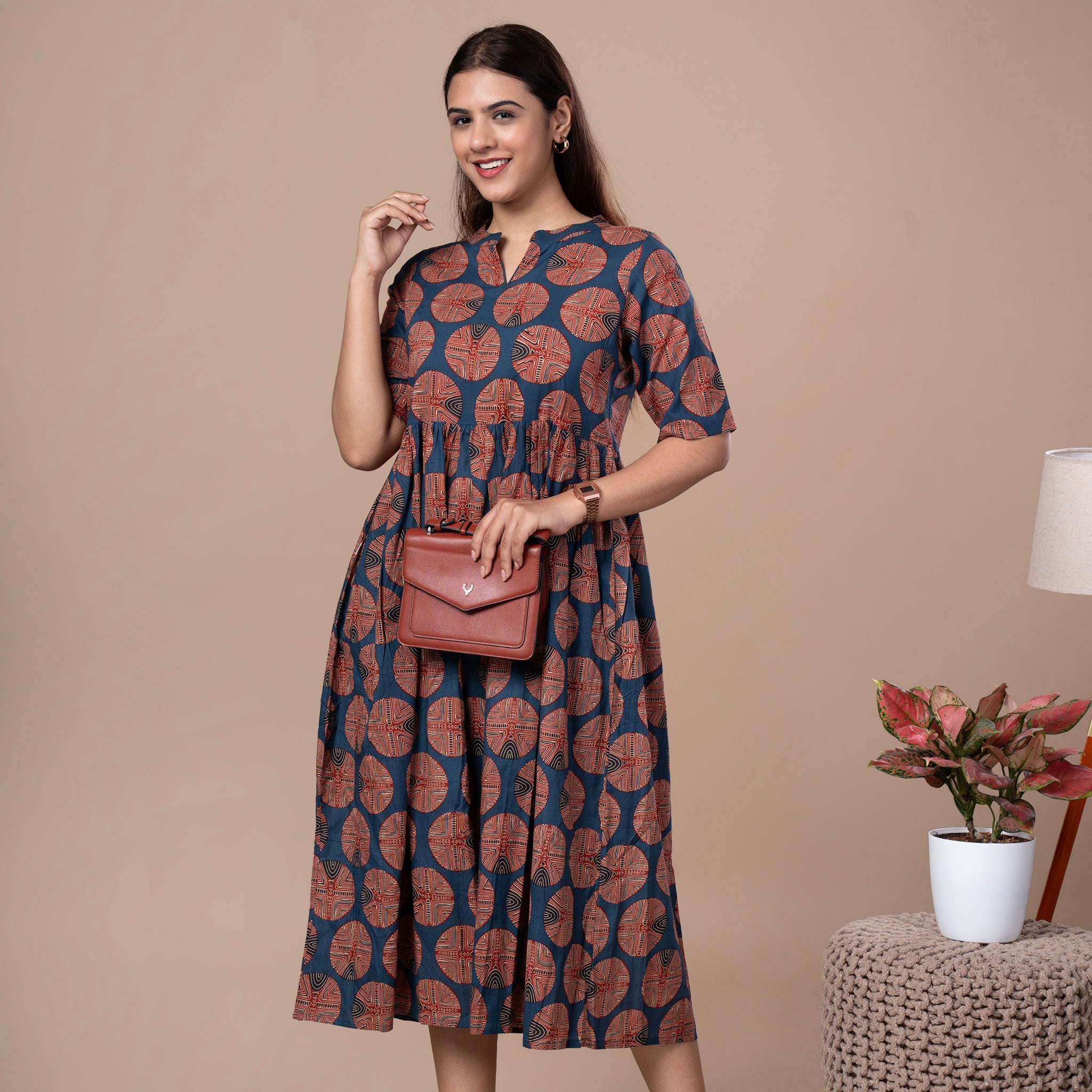 Ajrakh Print Cotton One Piece Midi Dress