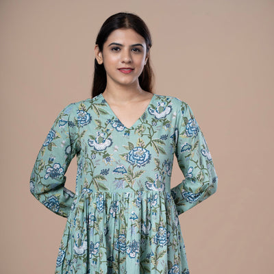 Floral Cotton One Piece Dress - Mint