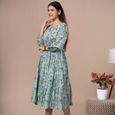 Floral Cotton One Piece Dress - Mint