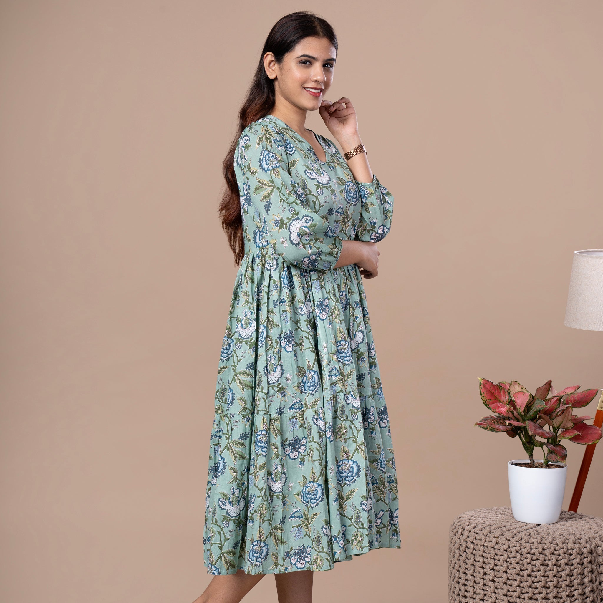 Floral Cotton One Piece Dress - Mint