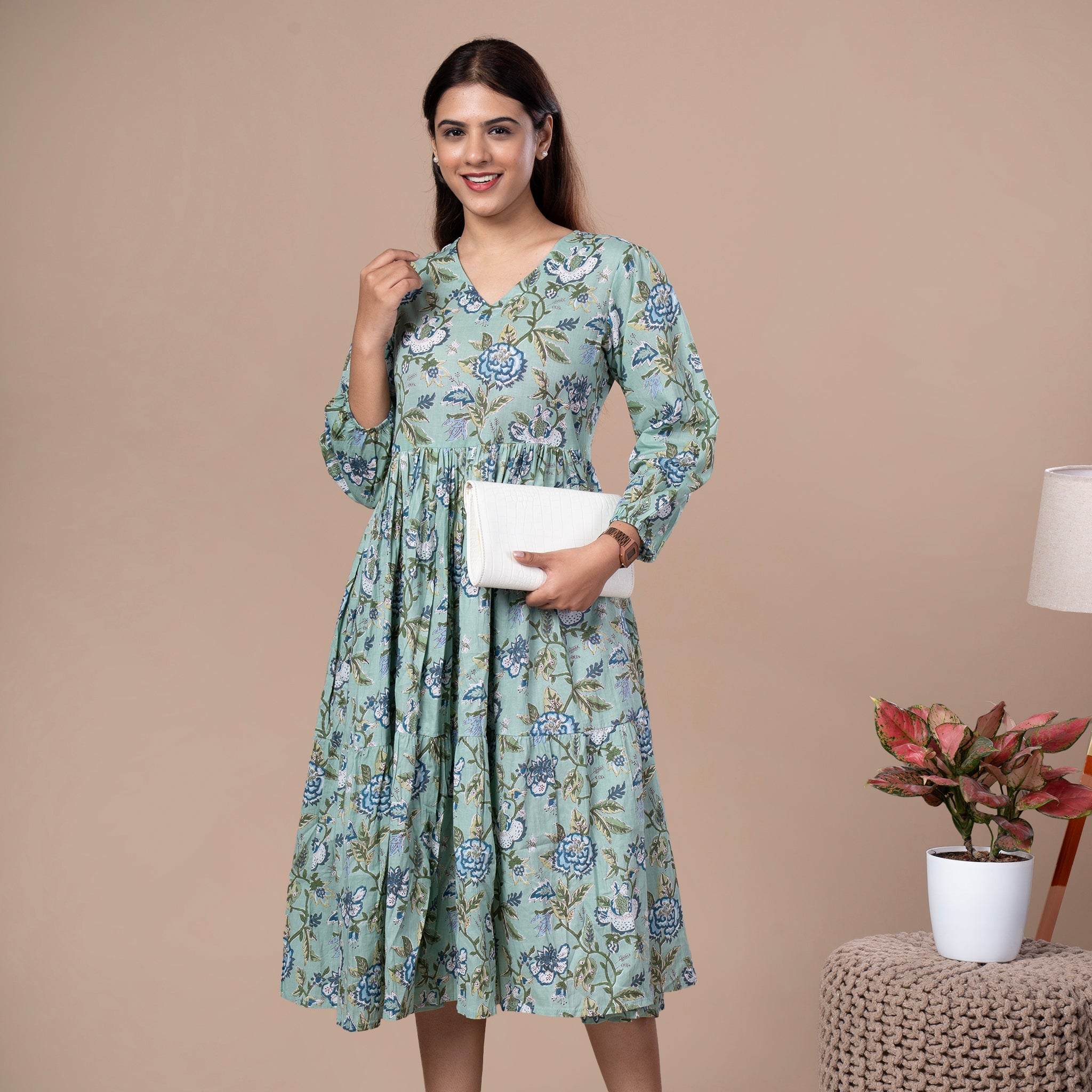 Floral Cotton One Piece Dress - Mint