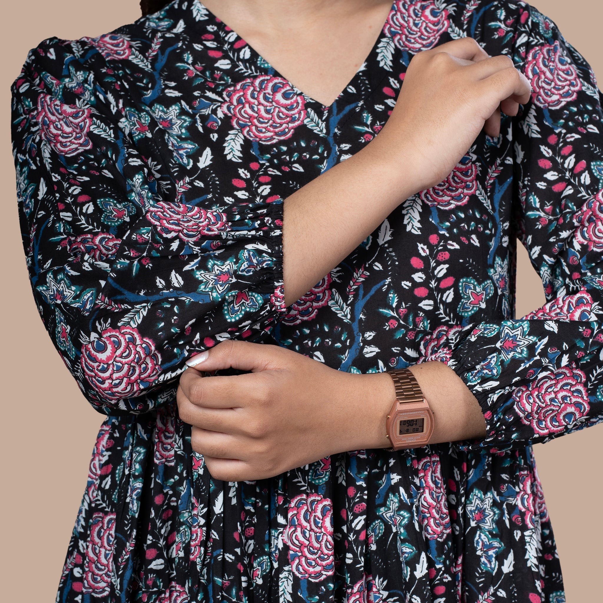 Floral Cotton One Piece Dress - Black