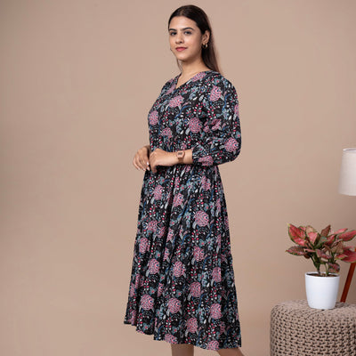 Floral Cotton One Piece Dress - Black