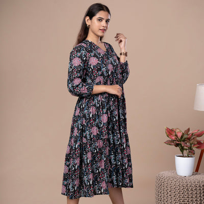 Floral Cotton One Piece Dress - Black
