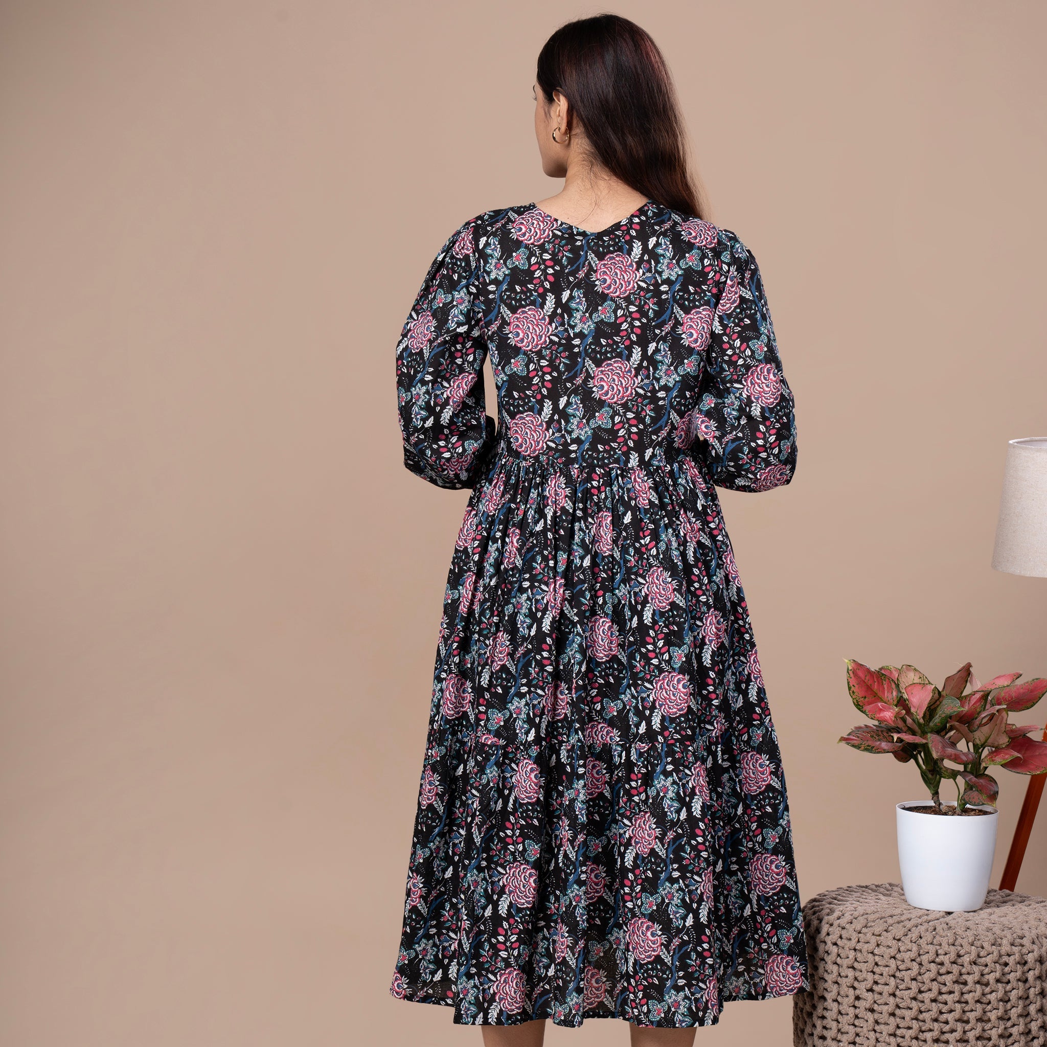 Floral Cotton One Piece Dress - Black