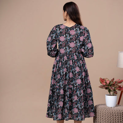 Floral Cotton One Piece Dress - Black