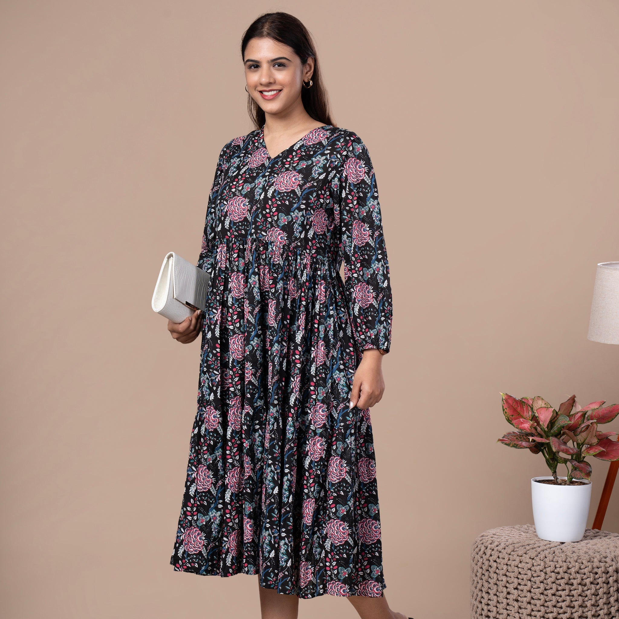 Floral Cotton One Piece Dress - Black