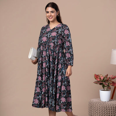 Floral Cotton One Piece Dress - Black