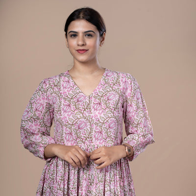 Floral Cotton One Piece Dress - Pink