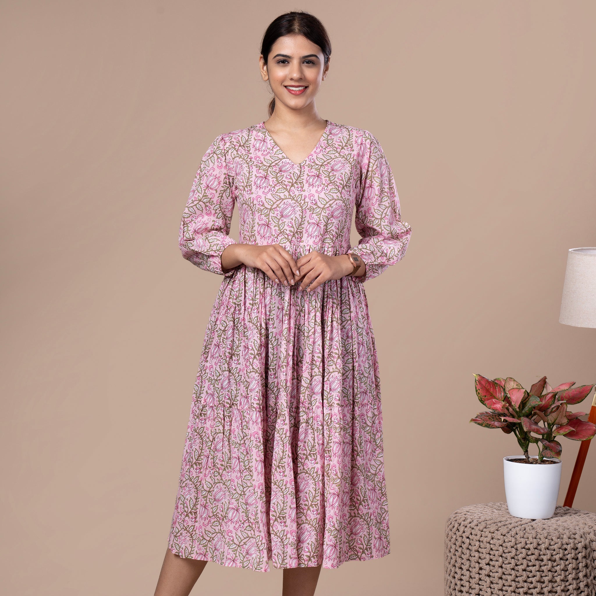 Floral Cotton One Piece Dress - Pink