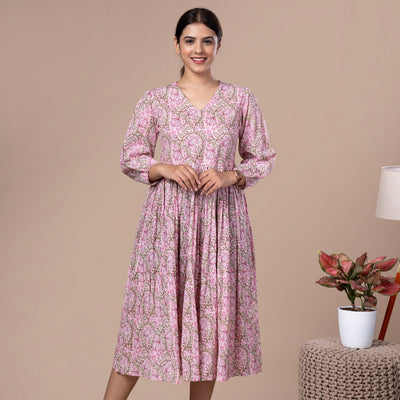 Floral Cotton One Piece Dress - Pink