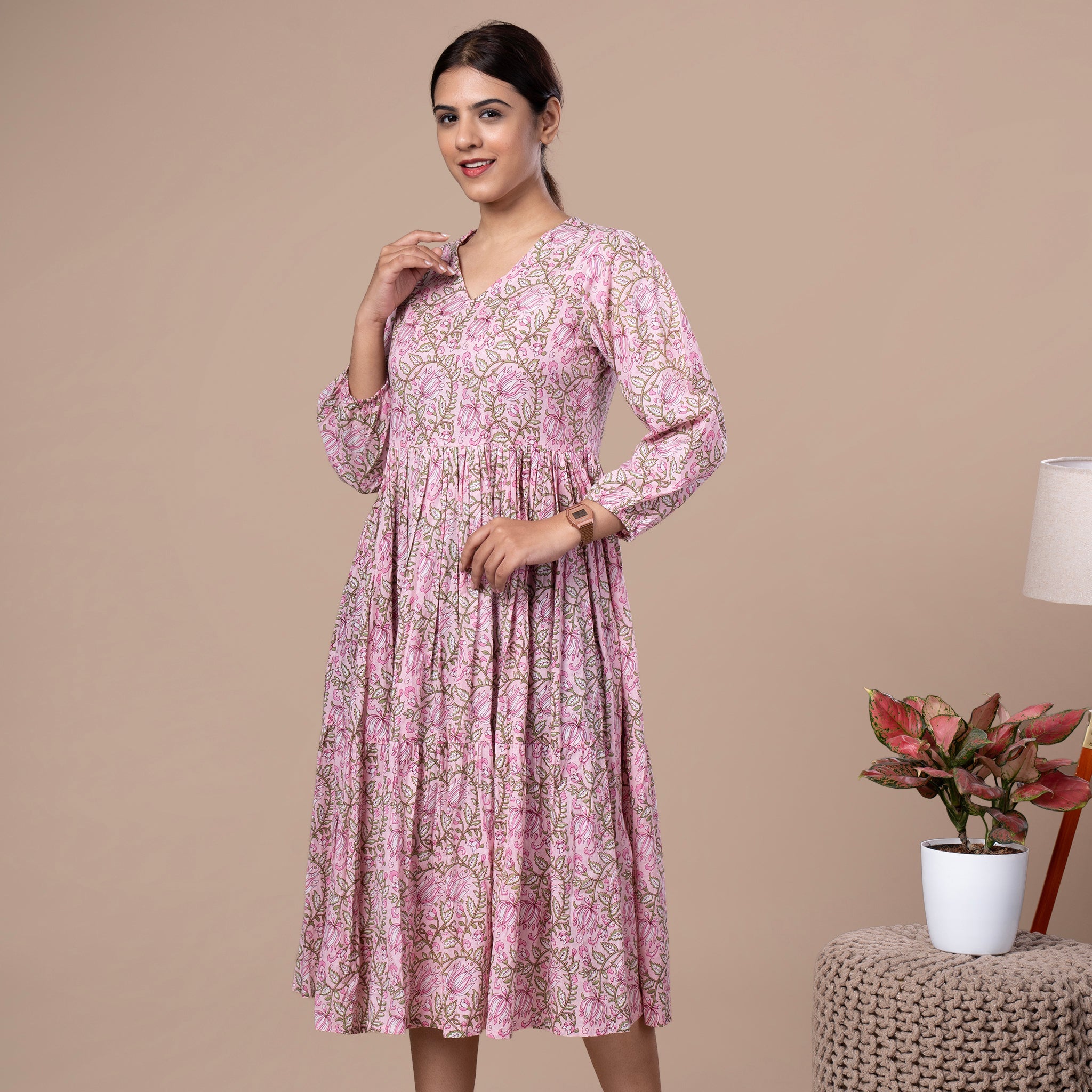 Floral Cotton One Piece Dress - Pink