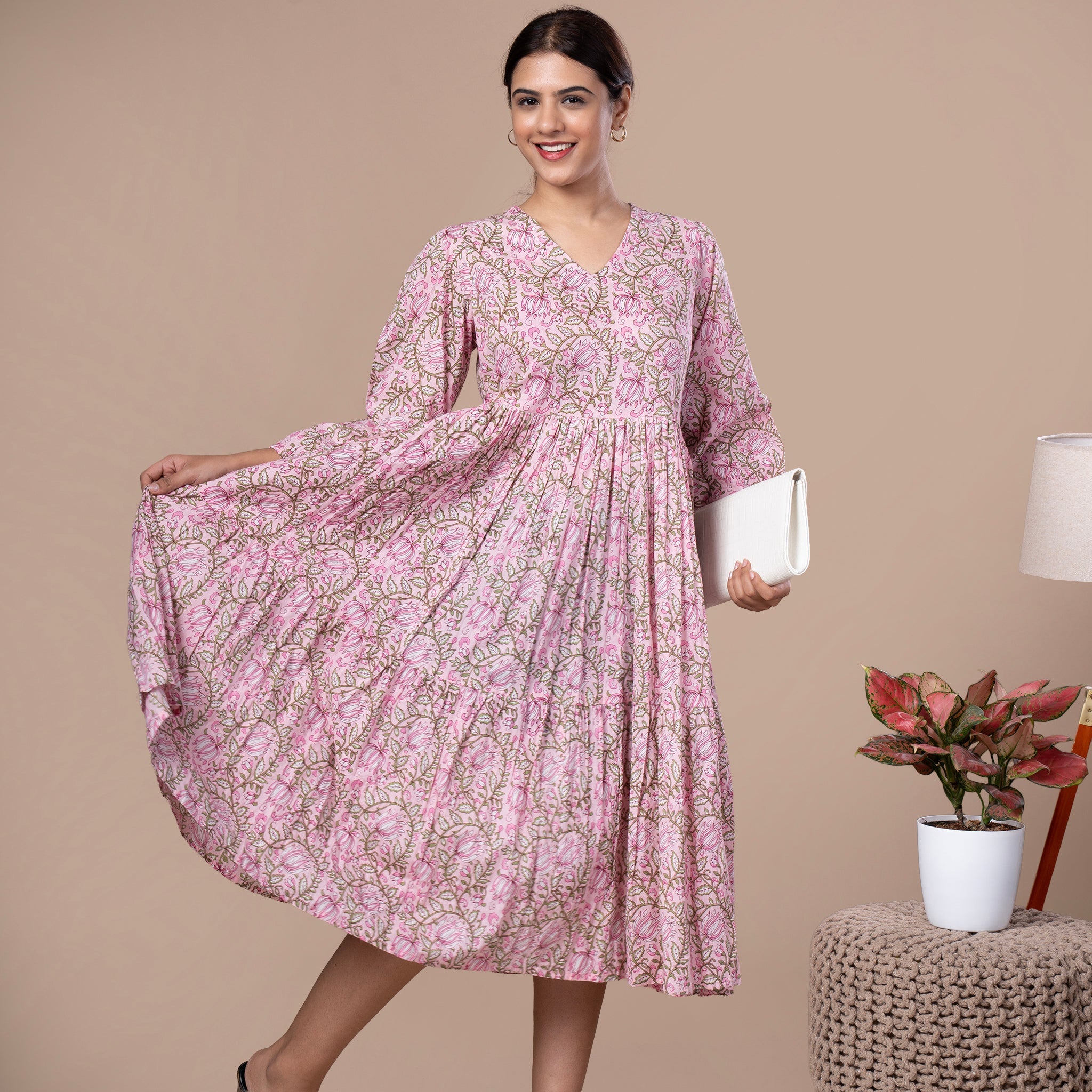 Floral Cotton One Piece Dress - Pink