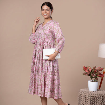 Floral Cotton One Piece Dress - Pink