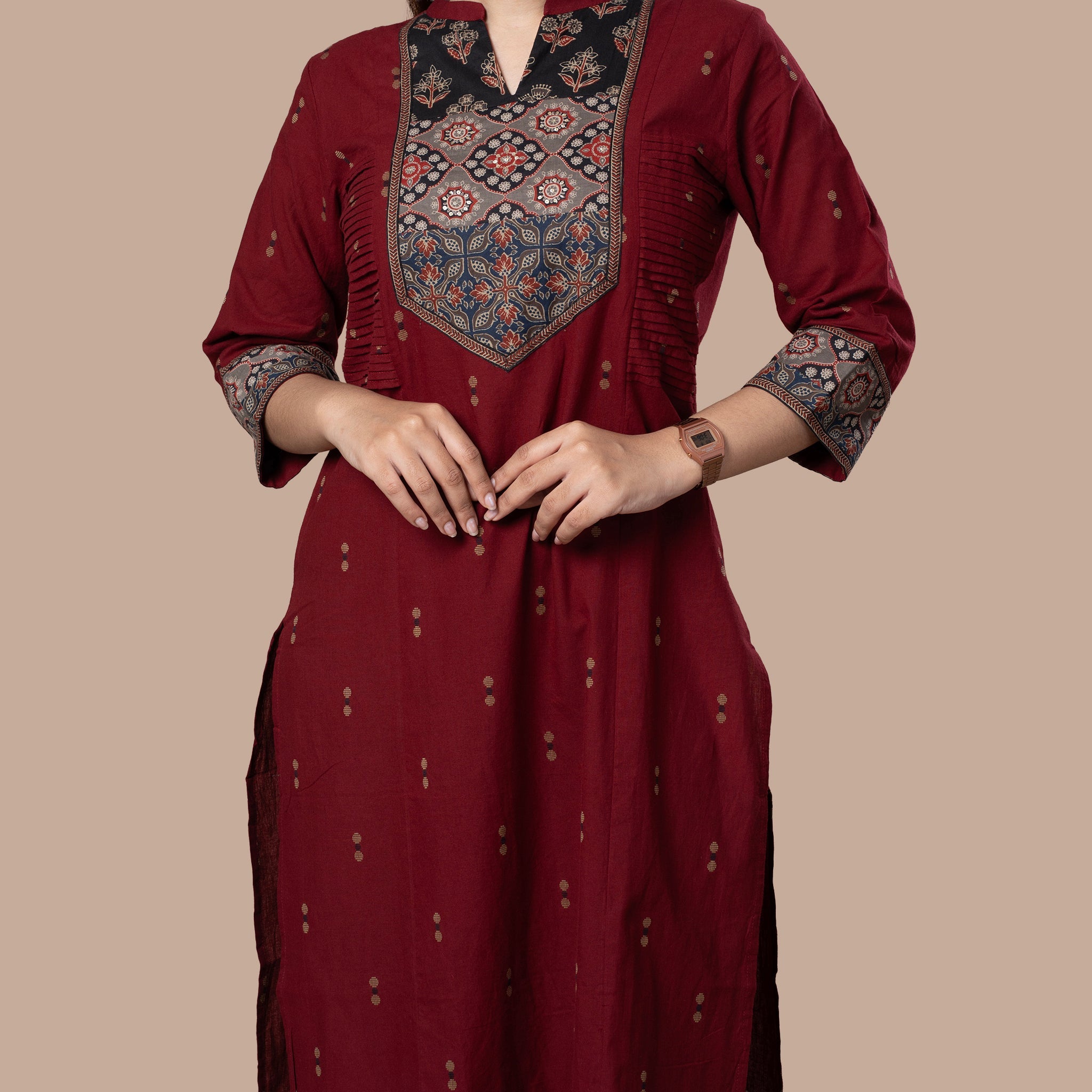 Ajrakh Handloom Cotton Kurta - Maroon