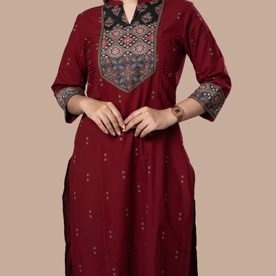 Ajrakh Handloom Cotton Kurta - Maroon