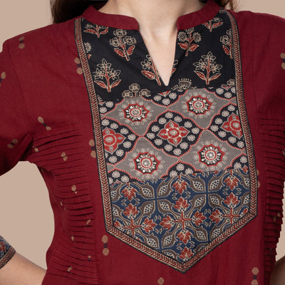 Ajrakh Handloom Cotton Kurta - Maroon
