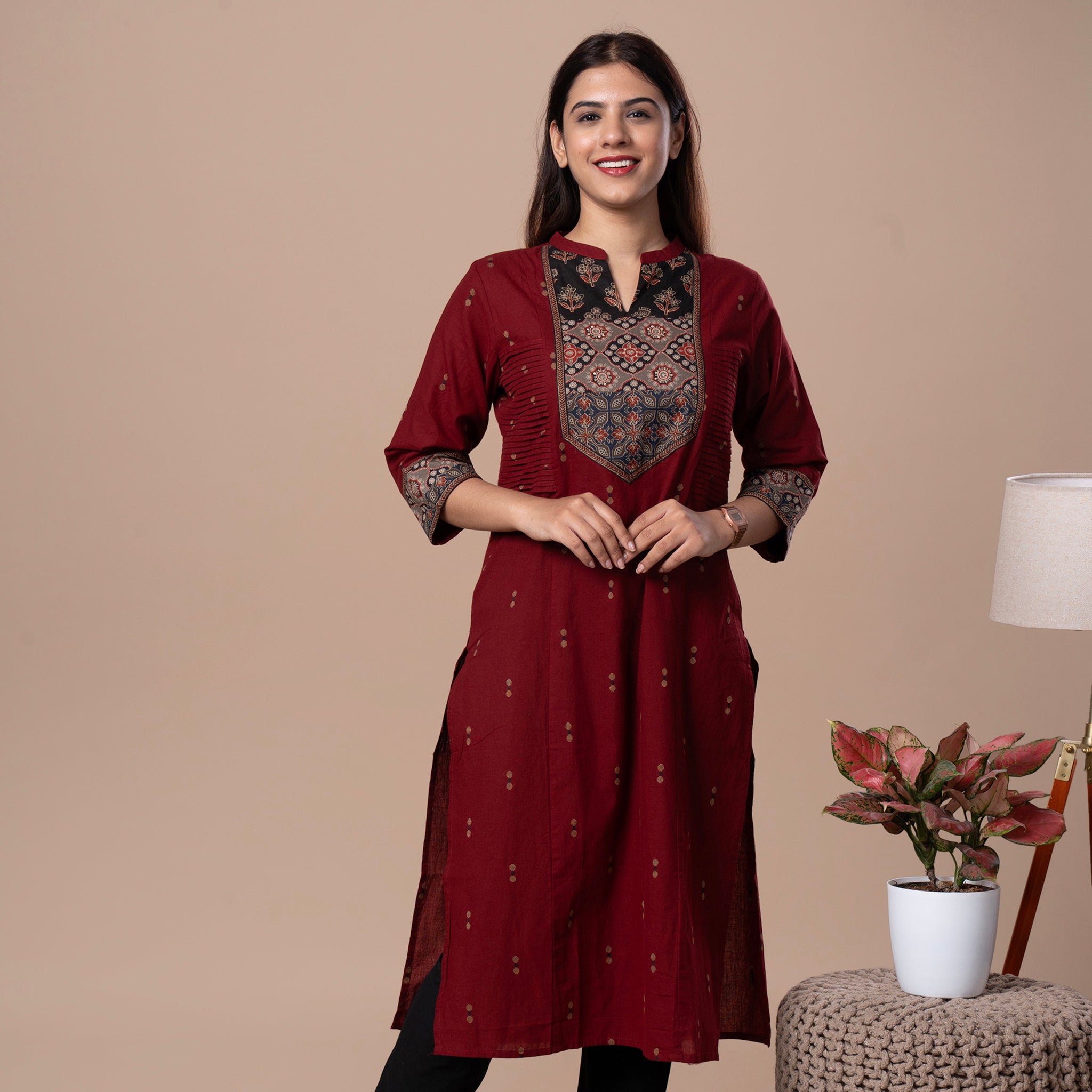 Ajrakh Handloom Cotton Kurta - Maroon