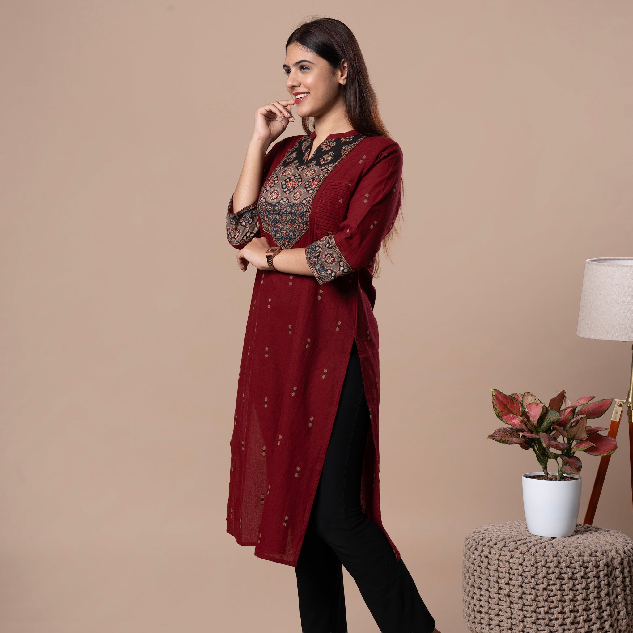 Ajrakh Handloom Cotton Kurta - Maroon