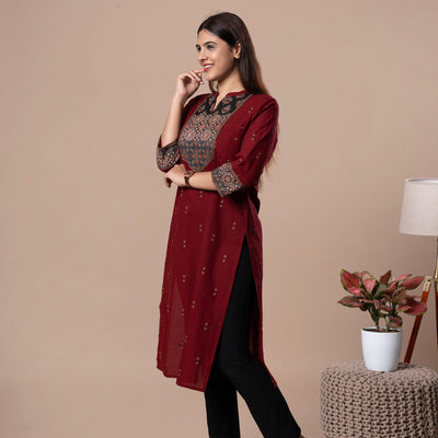 Ajrakh Handloom Cotton Kurta - Maroon