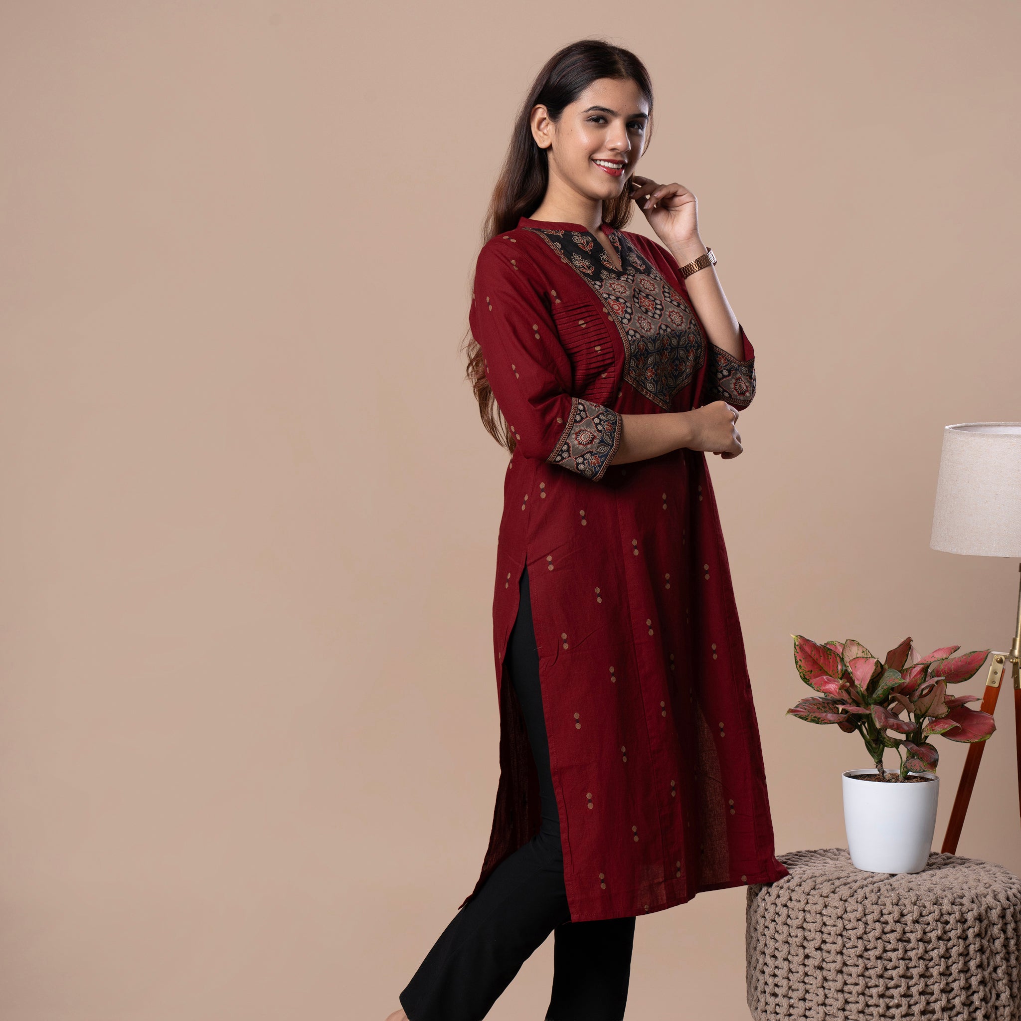 Ajrakh Handloom Cotton Kurta - Maroon